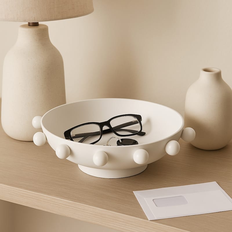 Decorative Round Metal Bowl with Beaded Rim - Home Decor - 11", White - 11.0"