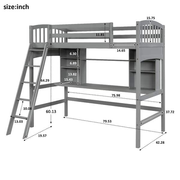 Contemporary Style Twin Size Wood Loft Bed with Ladder,Table Underneath Loft Bed and Spacious Bookshelves