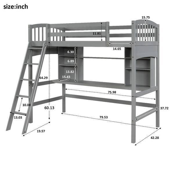 dimension image slide 2 of 3, Multifunctional Design Wood Loft Bed with Built-in Storage Shelves, Desk and Ladder, Twin size