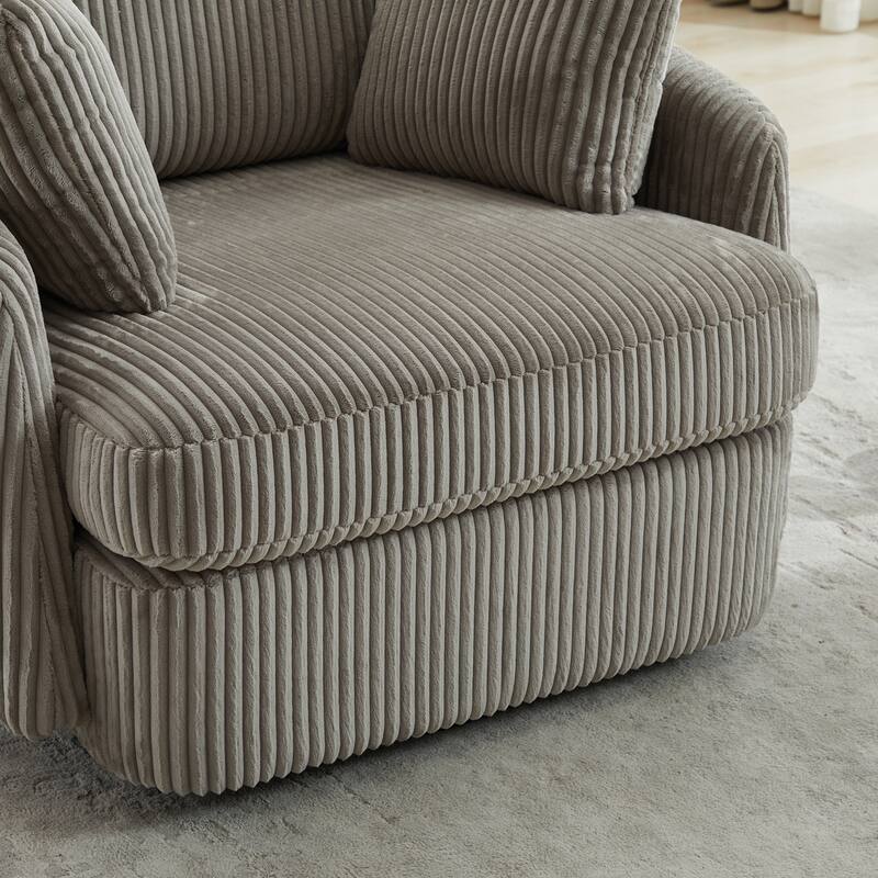 Corduroy Fabric Swivel Accent Chair, Oversized Round Armchair with 2 Thorw Pillows, Ergonomic Upholstered Lounge Sofa Chair