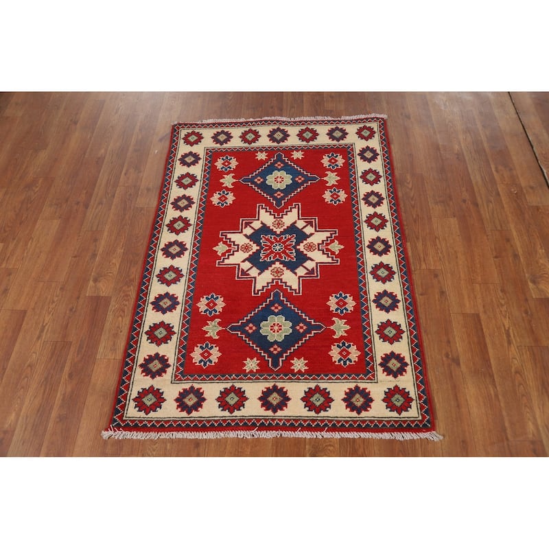 Red Kazak Foyer Rug Handmade Geometric Accent Wool Carpet - 2'8"x 3'9"