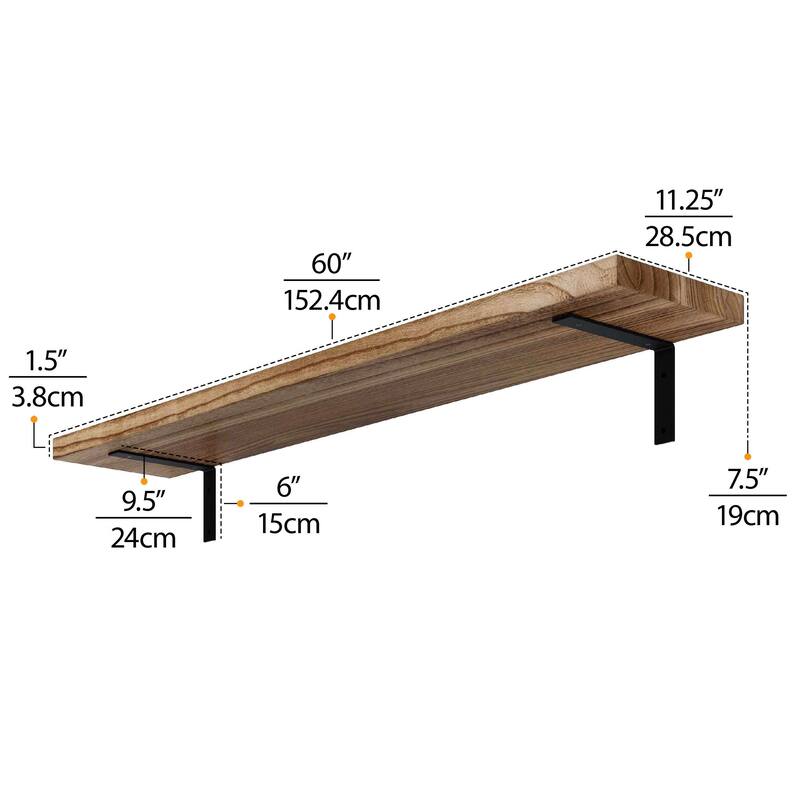 Wallniture Cervo Floating Shelves, Wall Bookshelves, 60" or 72'' Long, 11.25'' Deep, 1.5'' Thick Wood Board, Burnt