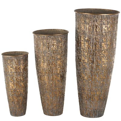 Metal Abstract Tapered Textured Floor Vase with Gray Backing - Set of 3 Brass - Roche River Decor - 17"W x 17"L x 40"H