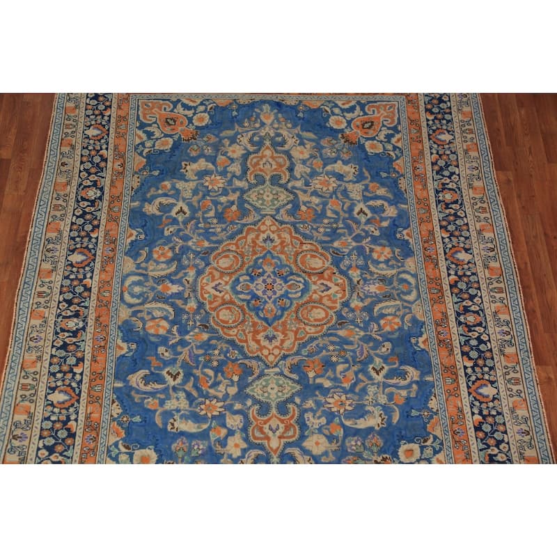 Blue & Orange Tabriz Persian Area Rug Handmade Wool Carpet - 6'8"x 9'3"