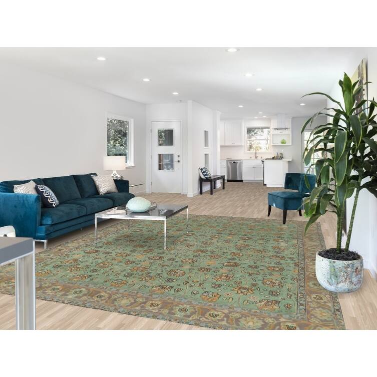 Hand Knotted Oriental 100% Wool Carpet Traditional All-Over Green Tabriz Area Rug - 10' 10'' X 8' 7''