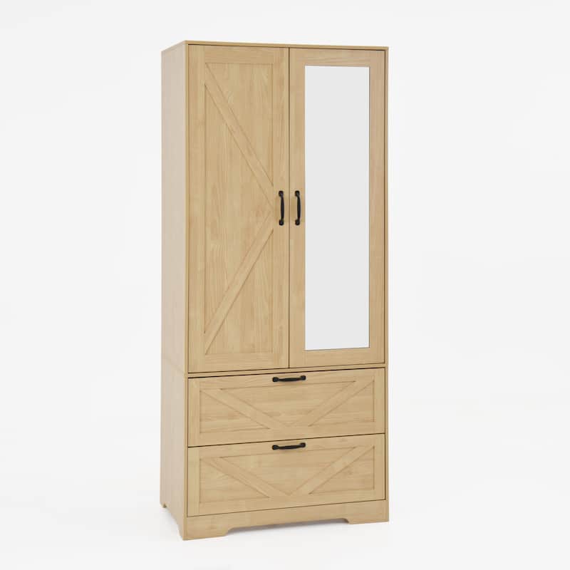 LED Wardrobe Cabinet Bedroom Tall Armoire with Mirror, Folding and Hanging Areas