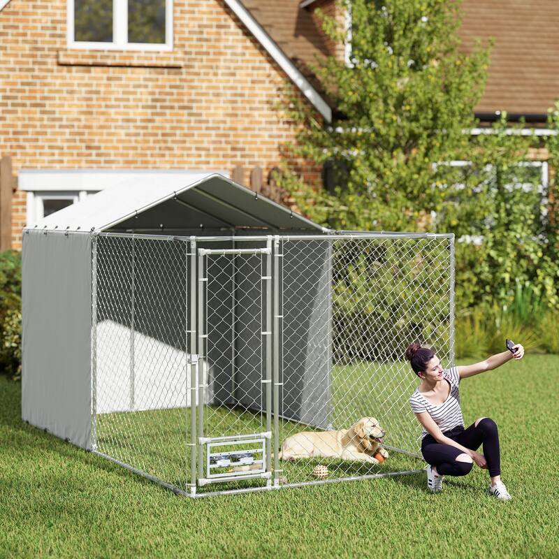 PawHut Large Outdoor Dog Kennel, Heavy Duty Dog Kennel Outside with Waterproof & UV-Resistant Cover, Rotating Bowls Door