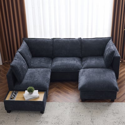 Modern Sectional Sofa with Hidden Charging Coffee Table and Movable Ottoman and Chenille Upholstery for Living Rooms
