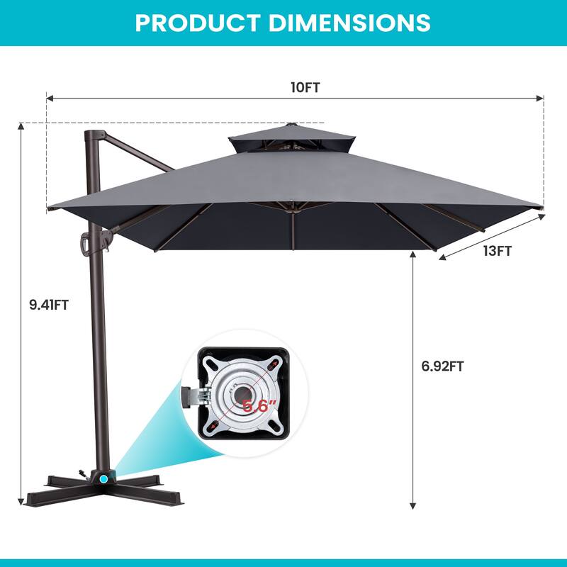 Pellebant Outdoor 10X13 FT Dual Top Patio Offset Umbrella 360 degrees Rotation with No Base