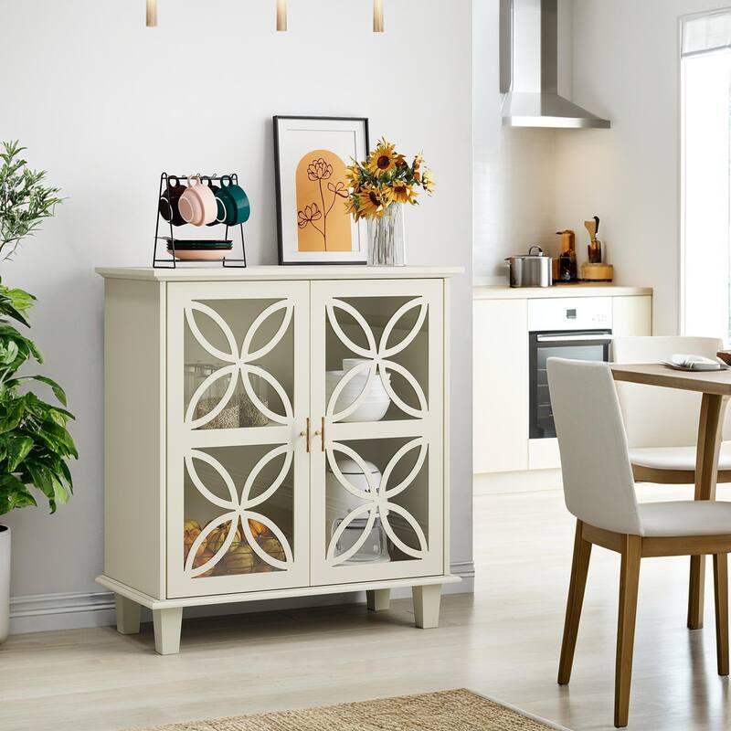 Bathroom Cabinet with Tempered Glass Doors, Freestanding Kitchen Sideboard Cabinet, Buffet Cabinet with Adjustable Shelves