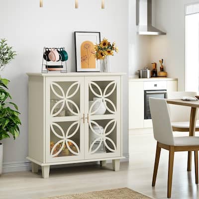 Vintage Sideboard Cabinet with Glass Doors & Adjustable Shelves - 2-Door Freestanding Storage Buffet