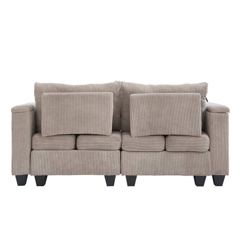 Convertible Chaise Lounge Loveseat Sofa Bed with USB Ports, Storage, and Lumbar Pillows, Brown Corduroy