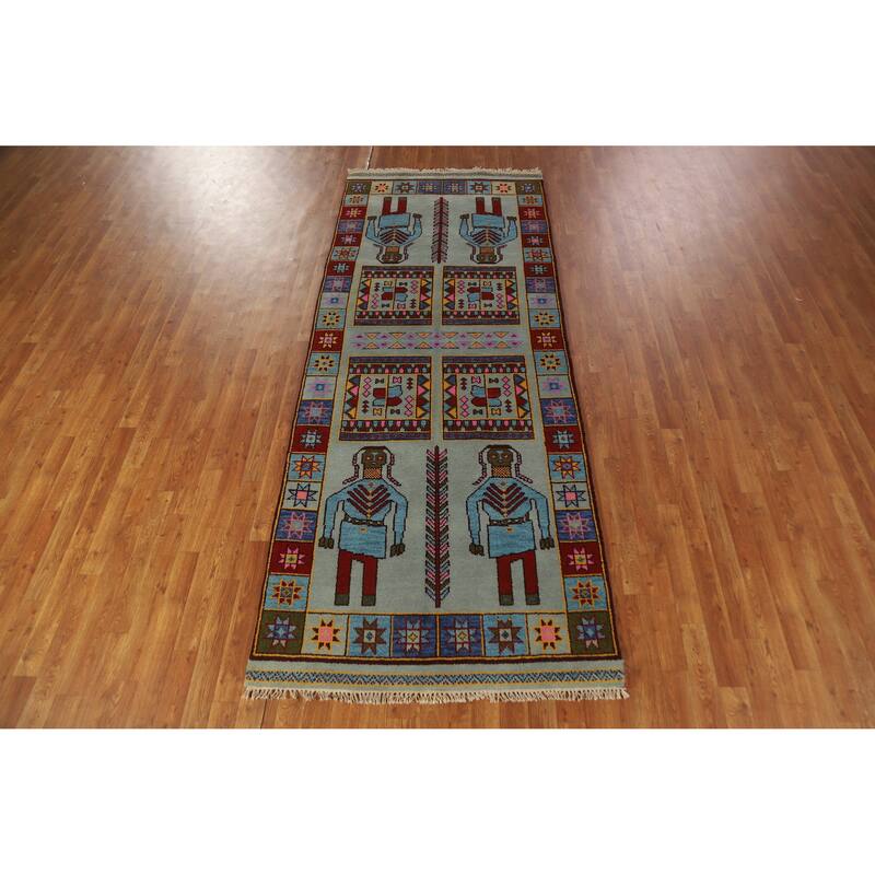 Hand Knotted Oriental 100% Wool Carpet Traditional Tribal Navy Blue & Blues Heriz (serapi) Runner Rug - 9' 7'' X 3' 10''