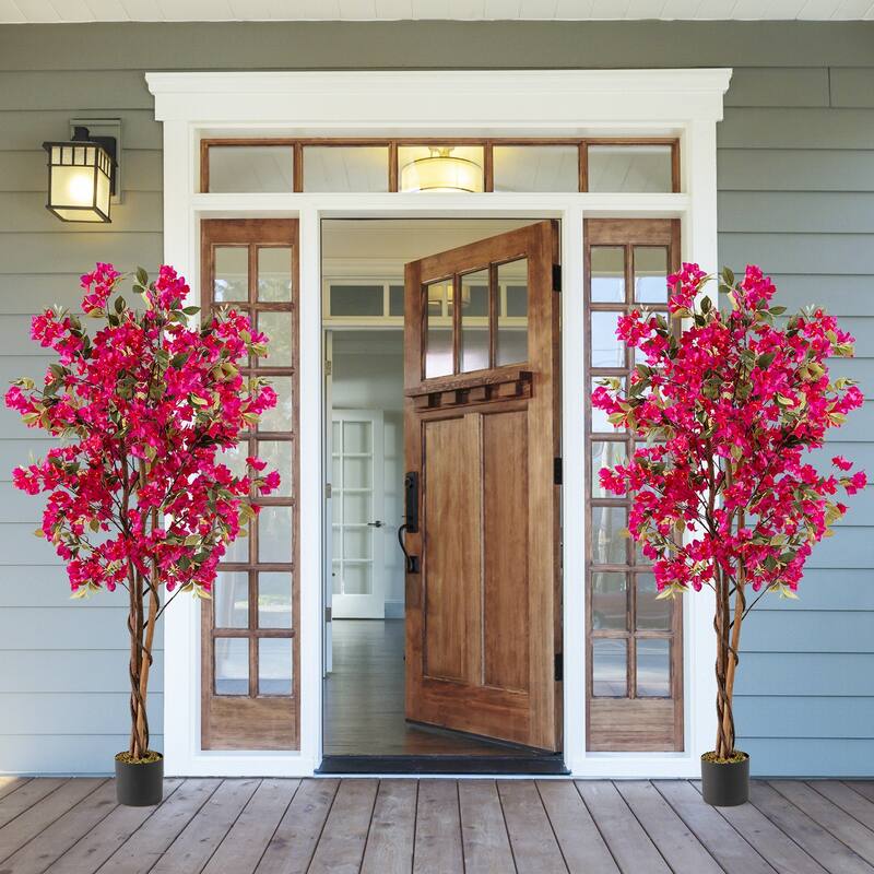 Gymax 6 FT Artificial Bougainvillea Tree Set of 2 Tall Faux Pre-potted