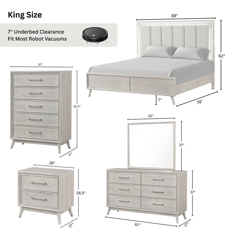 Roundhill Furniture Seluna 5-Piece Bedroom Set with Touch LED Lighting, Gray Oak Finish