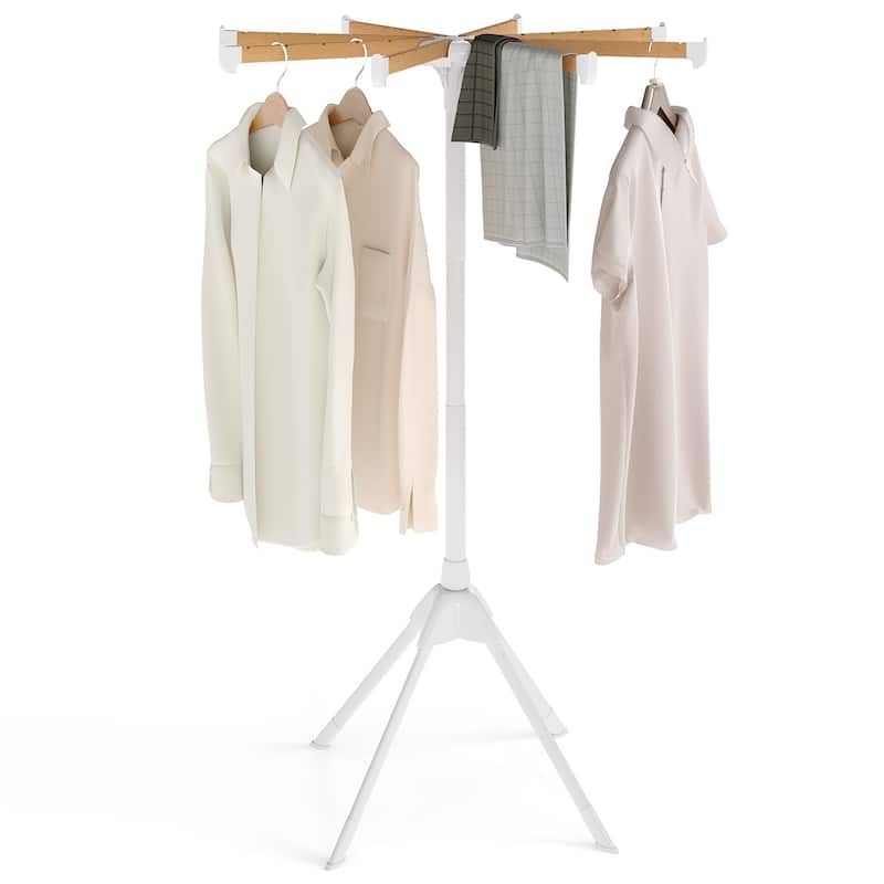 Gymax 4 Legs Clothes Drying Rack w/8 Bamboo Hanging Rods 40 Hanger - Natural, White
