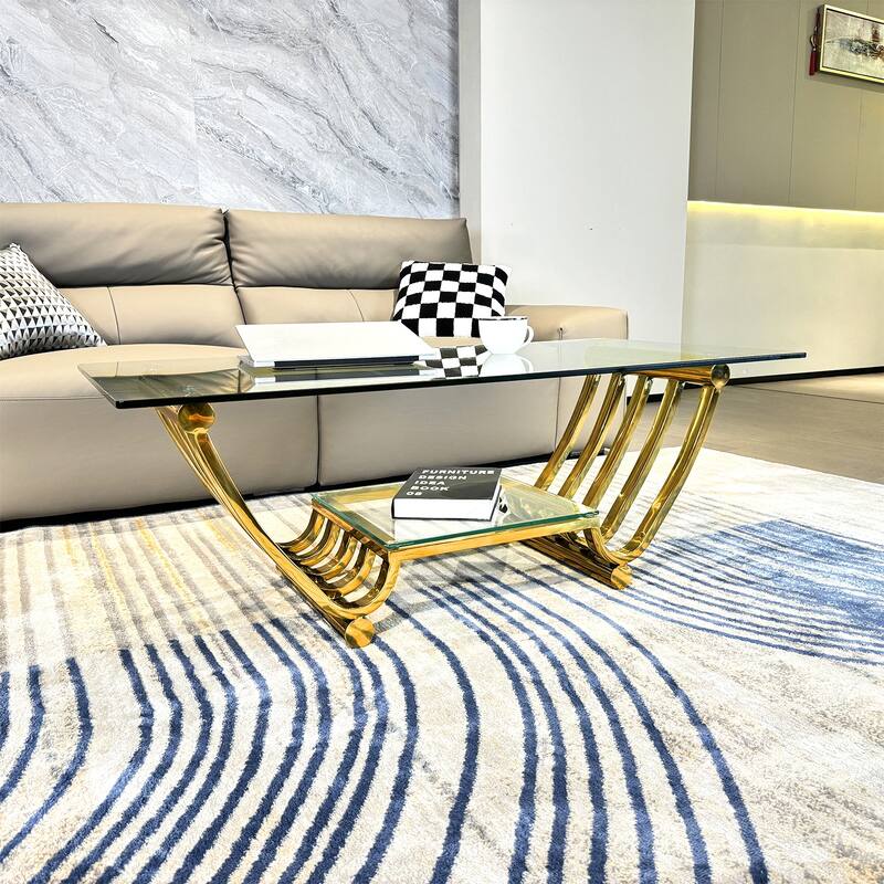 Modern Stainless Steel Double-Layer Clear Tempered Glass End Table Coffee Table for Bedroom Living Room