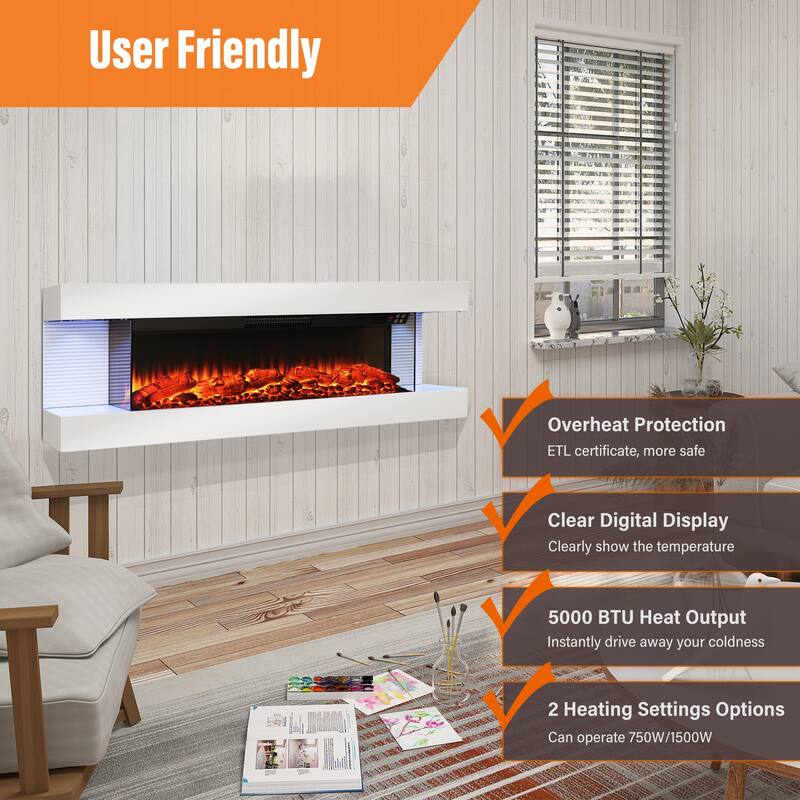 Wall Mounted LED 3-Side Electric Fireplace with Mantel