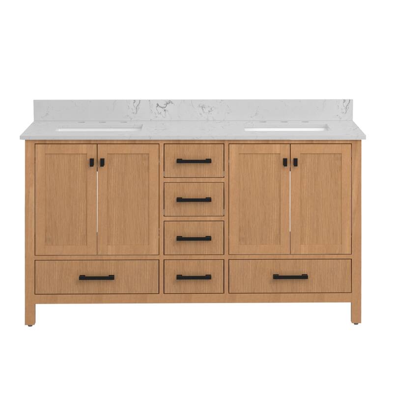 60 inch Solid Wood Freestanding Bath Vanity Engineered Countertop Undermount Rectangular Ceramic Sink - 72 inch - 72 inch - Matte - Beige