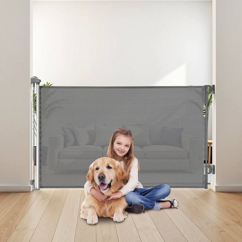 Retractable Baby Gate with Escape-Proof Bottom Hook and Mesh Design for Kids and Pets Safety
