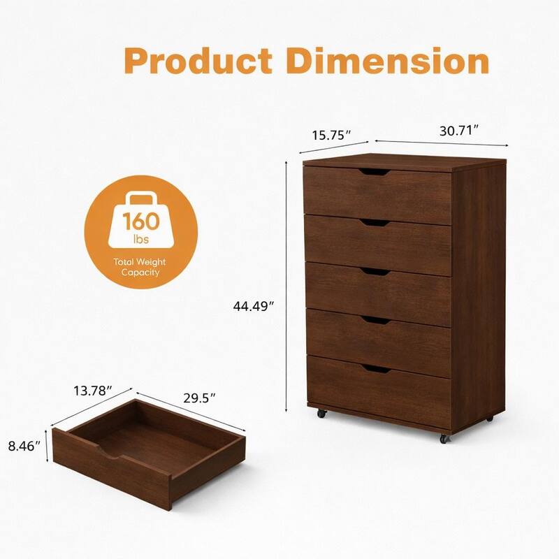 5 Drawer Dresser on Wheels Rustic Brown Rolling Chest of Drawers Storage Cabinet for Bedroom Closet, Wide Drawer Organizer