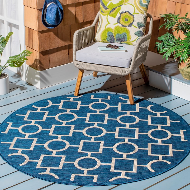 SAFAVIEH Courtyard Sharlene Indoor/ Outdoor Waterproof Patio Backyard Rug - 5'3" Round - Navy/Beige