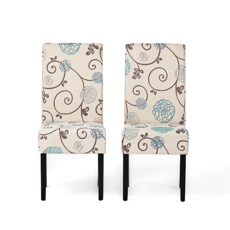 Dining Chair Set of 2, Beige Fabric, Soft Cushions, Black Rubberwood