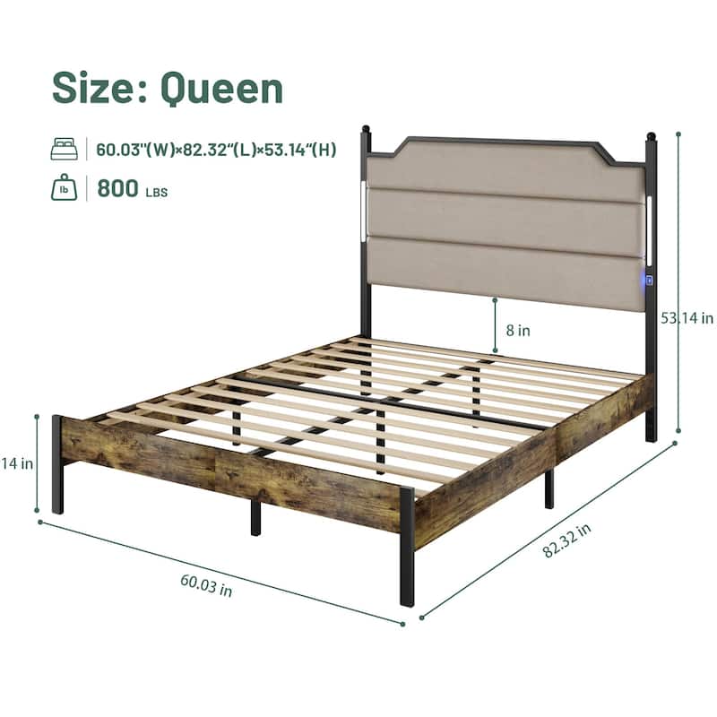 Queen Size Bed Frame with Upholstered Headboard, Charging Station, LED Lights, Wood Slats, Easy Assembly, Industrial Brown