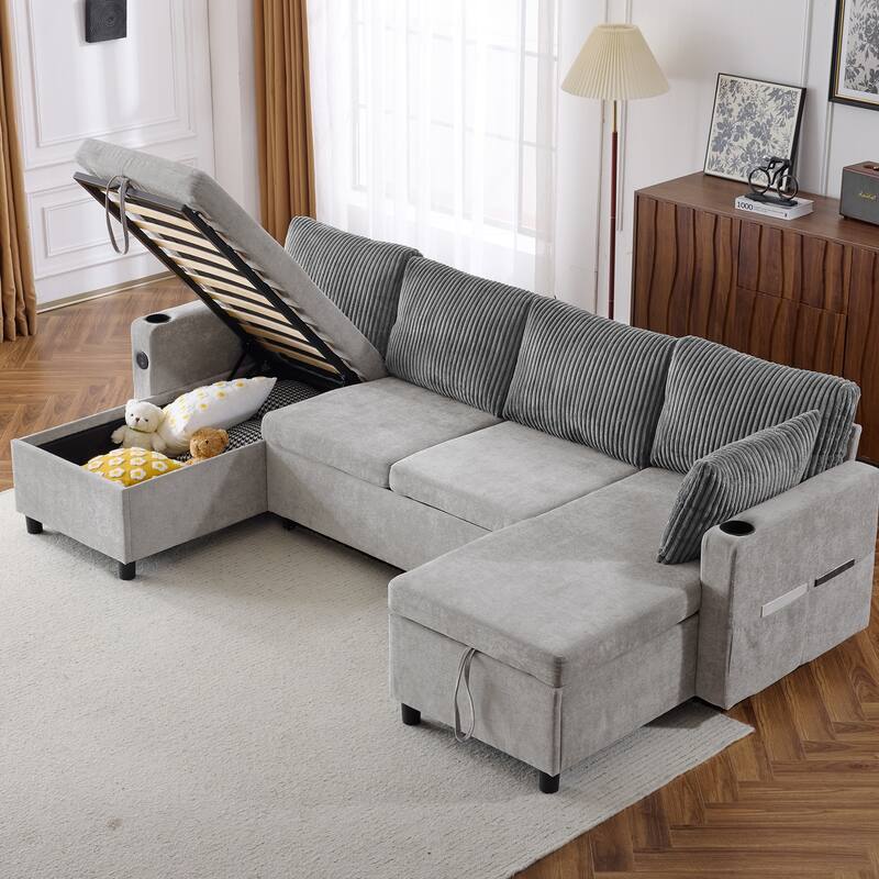 111.8" Chenille U-Shaped Sectional Sleeper Sofa with USB & Storage