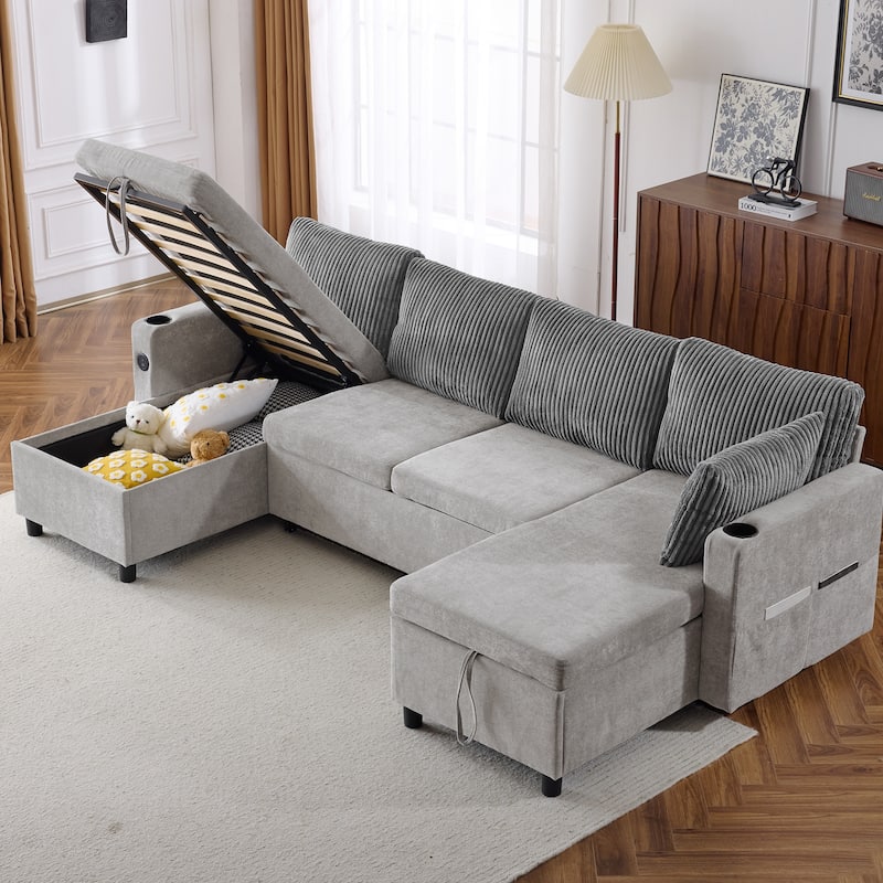 Chenille Sectional Sofa Convertible Sleeper Sofa, U Shaped Couch Sofa with 2 Storage Chaise Lounges and 2 Pillows