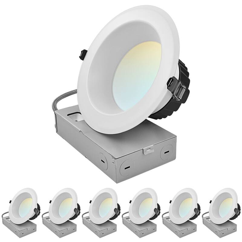 LUXRITE 6 Inch Commercial LED Recessed Light J-Box 5CCT 30/40/50W Dimmable 3000/4000/5000LM 120-277V Wet Rated 6 Pack - 2700K/3000K/3500K/4000K/5000K