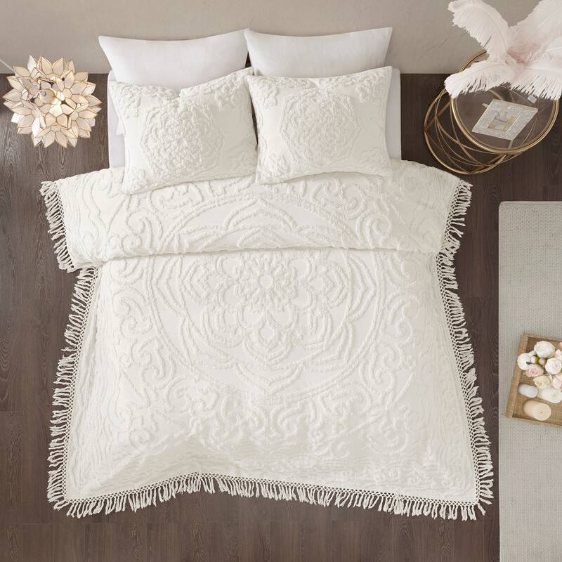 Madison Park Virginia Cotton Chenille Medallion Fringe Coverlet Set