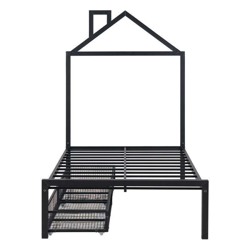 Twin Size Metal Platform Bed with House Design and 2 Storage Drawers
