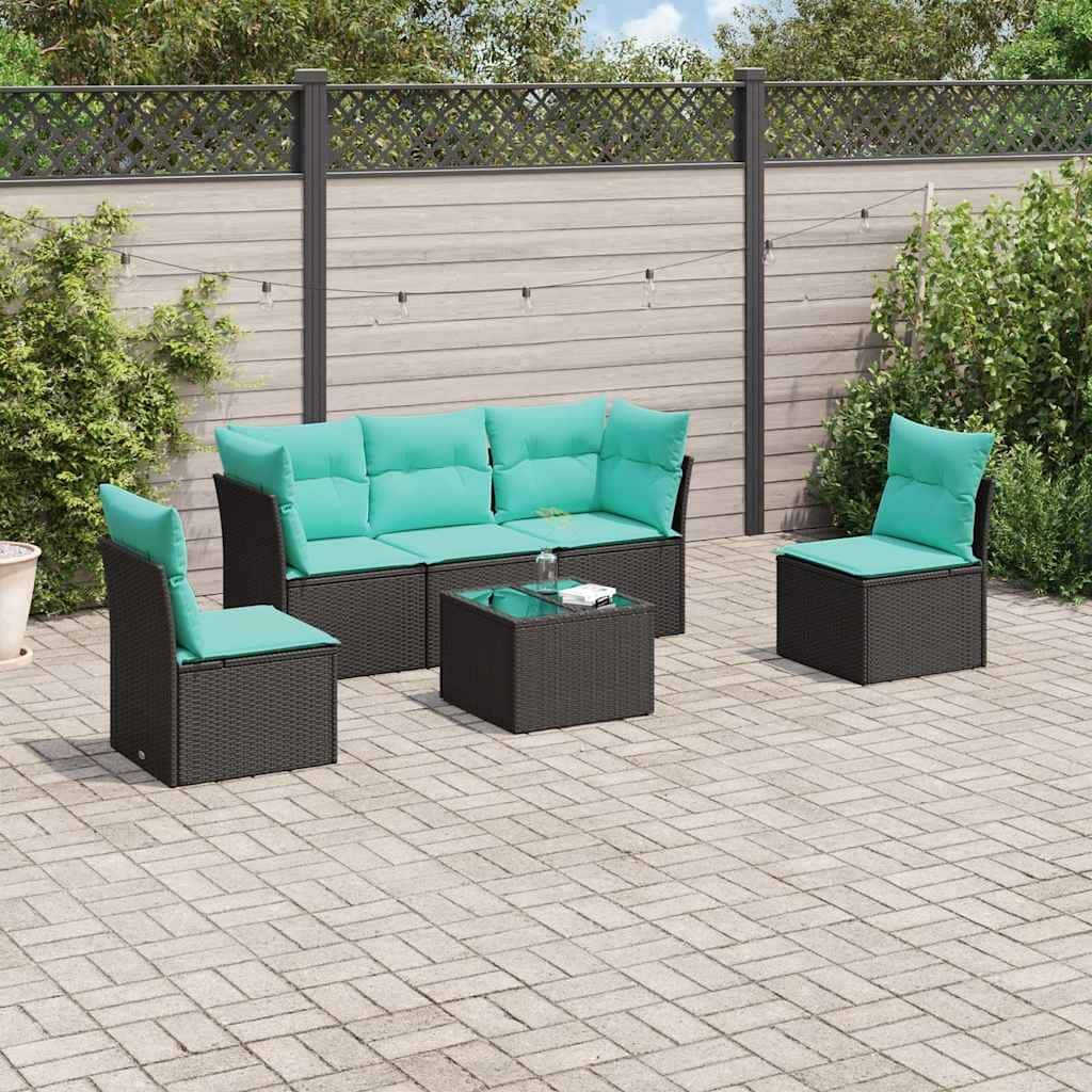 vidaXL 6 Piece Patio Sofa Set with Cushions Black Poly Rattan - 100.2x27.2x78.8