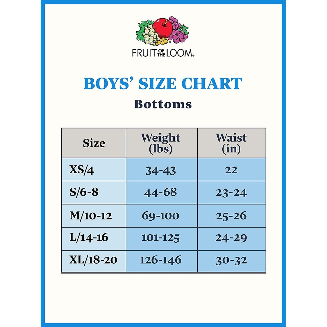 Fruit Of The Loom Boys Size Chart