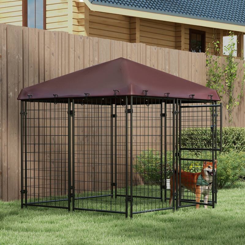 Metal Dog Kennel for Outdoor Use, 4.6' x 5' Dog Playpen with Shade & Two-Part Door for Small Pets