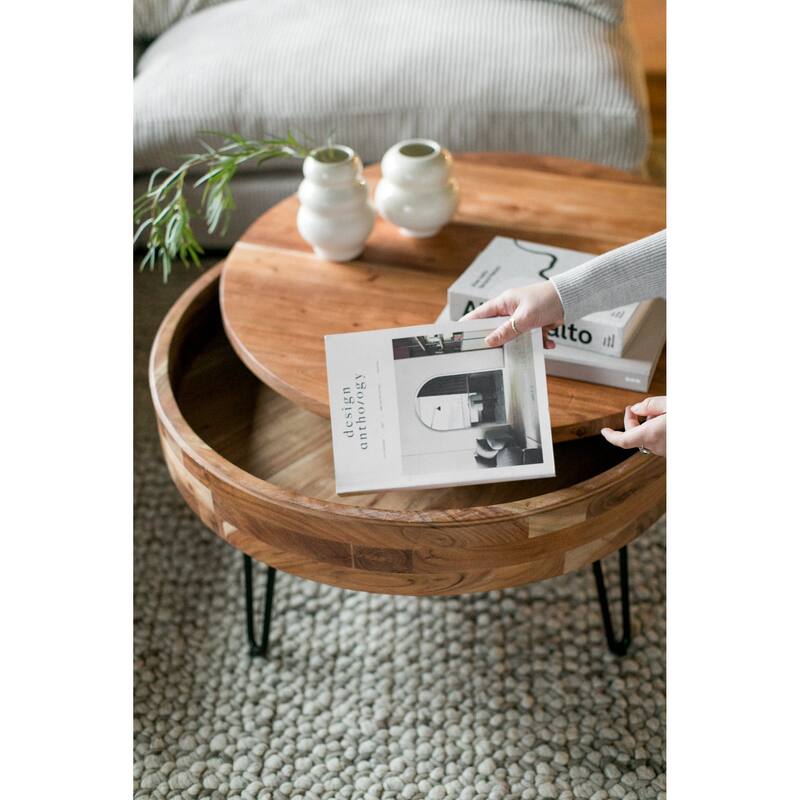 NADAAL STUDIOS Tarian Coffee Table, Round Solid Acacia Wood with Iron Hairpin Legs and Hidden Storage, Natural Finish