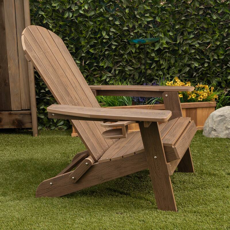 Dk. Teak Folding Adirondack Chair w/Cup Holder and Ottoman
