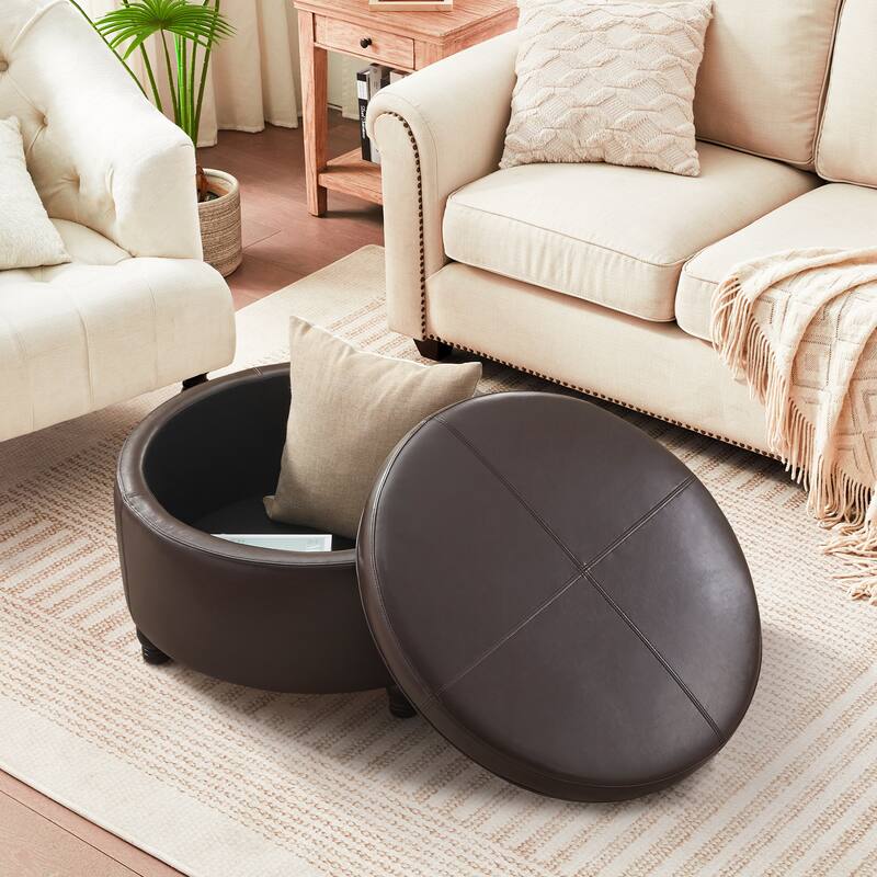 Faux Leather Round Storage Ottoman