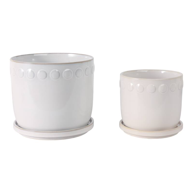 Ceramic Planter with Saucer, Bubble Trim Design - Set of 2, 8",6", Green