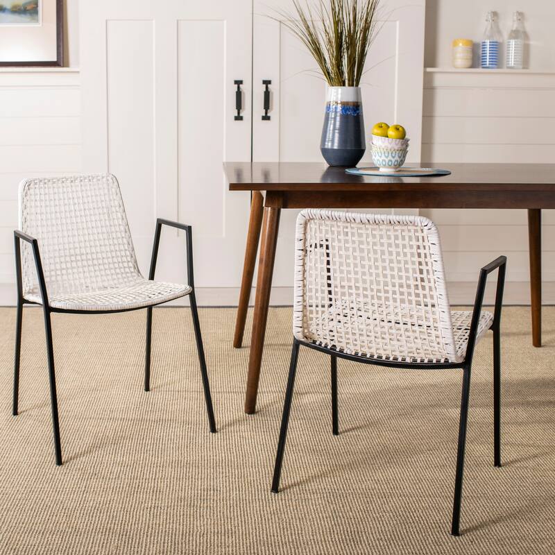 SAFAVIEH Sibbie Woven White Leather Dining Chair (Set of 2) - 20" x 21" x 31" - 20Wx21Dx31H - White/Black