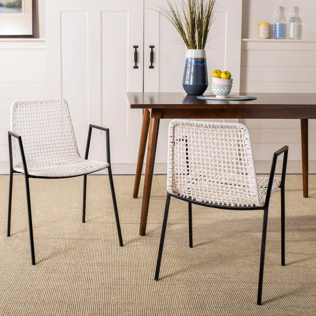 SAFAVIEH Sibbie Woven White Leather Dining Chair (Set of 2) - 20" x 21" x 31" - 20Wx21Dx31H