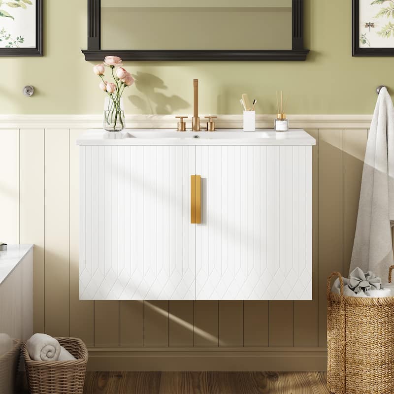 30" Wall-Mount Bathroom Vanity with Ceramic Sink, Floating Bathroom Storage Cabinet Wall Cabinet - 30 Inch