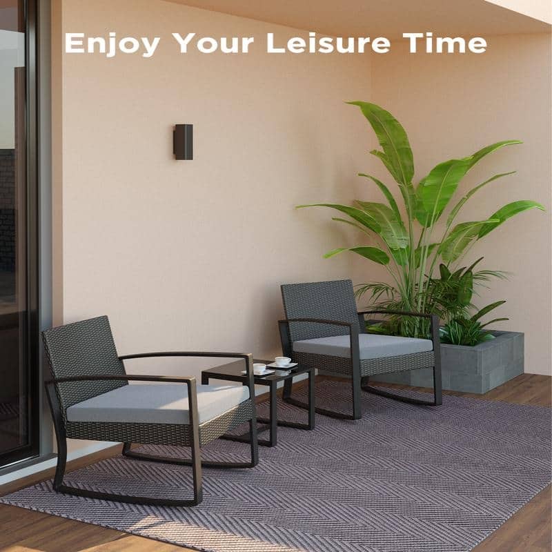 3 Pieces Wicker Patio Set Outdoor Rocking Bistro Patio Outdoor Furniture Rattan Sets with Cushion, Chair Set with Glass Table