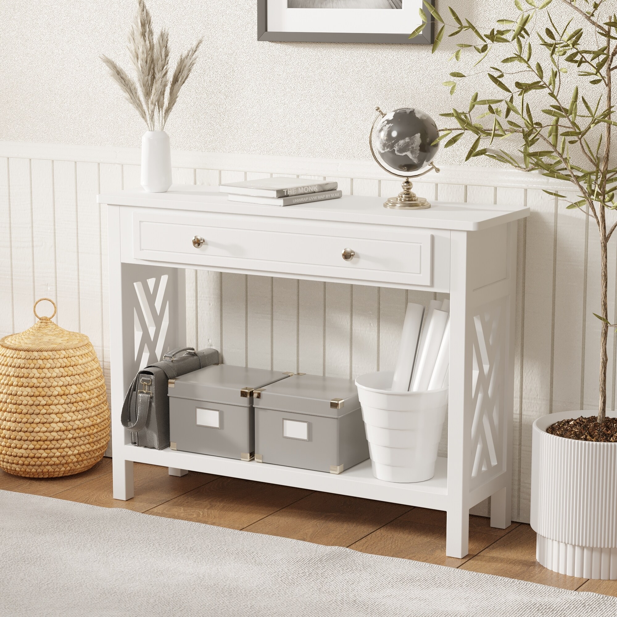 Hall table with best sale drawers and shelf