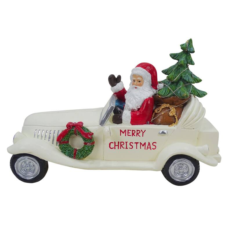 Merry Christmas Santa in Vintage White Car Statue w/LEDs - 7" H