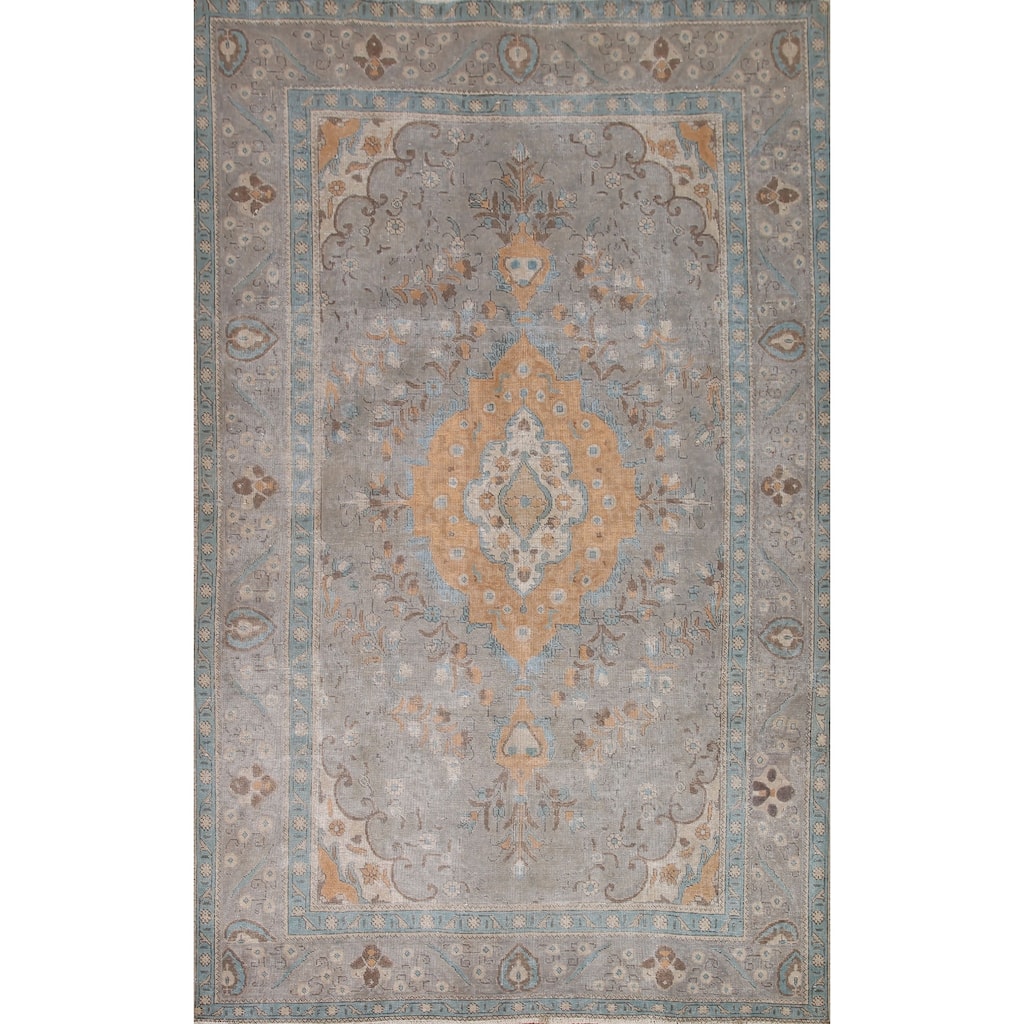 Hand Knotted Oriental 100% Wool Carpet Traditional Medallion Greys & Charcoal Tabriz Area Rug - 9' 9'' X 6' 7''