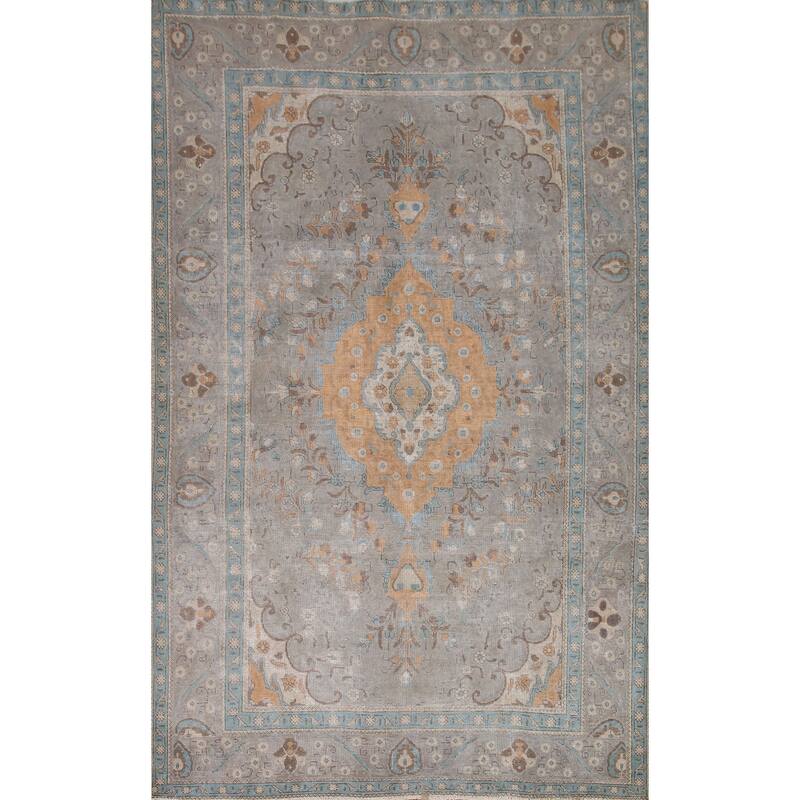 Hand Knotted Oriental 100% Wool Carpet Traditional Medallion Greys & Charcoal Tabriz Area Rug - 9' 9'' X 6' 7''