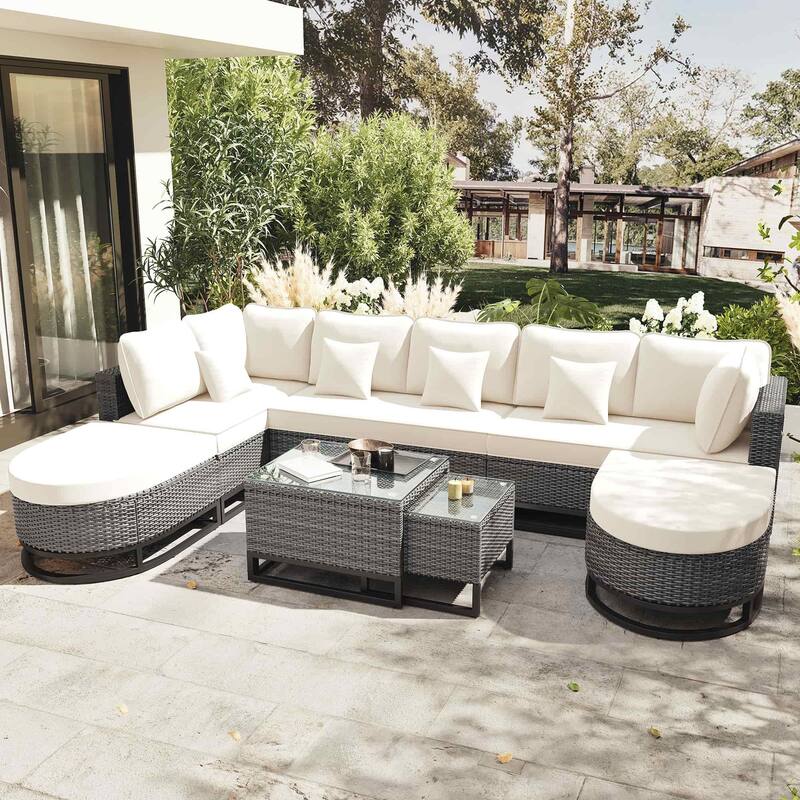 7-Piece Outdoor Wicker Sectional Sofa Set with Coffee Tables, Pillows - Beige