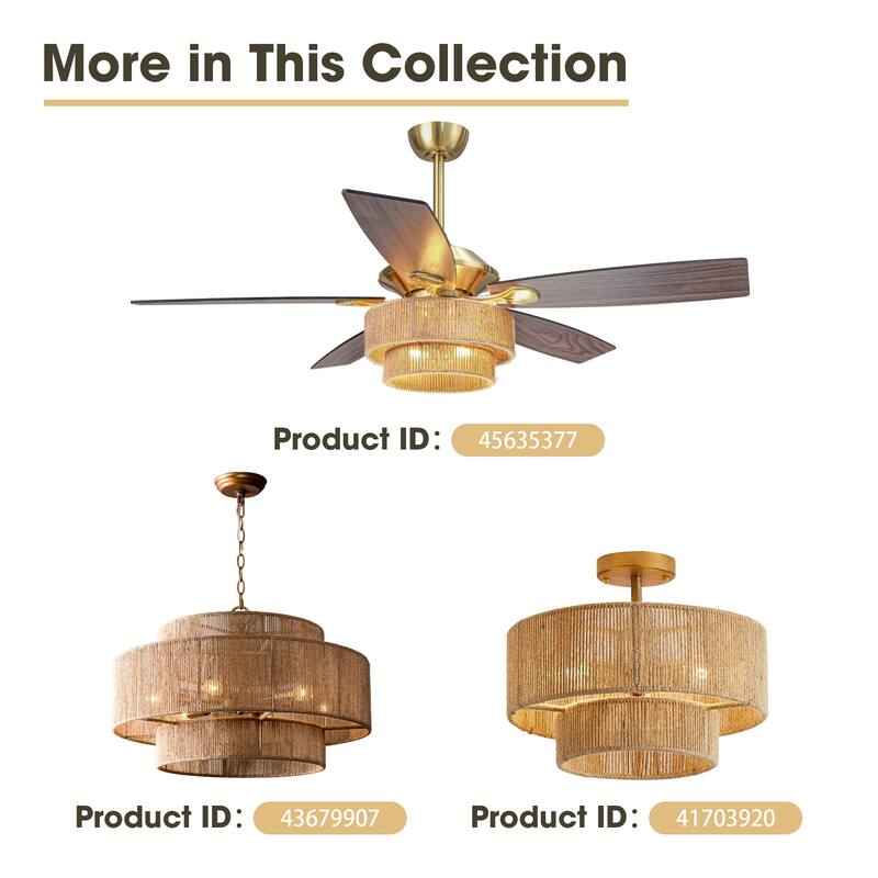 52" Farmhouse Natural Rope Reversible 5-Blade Gold Ceiling Fan with Remote